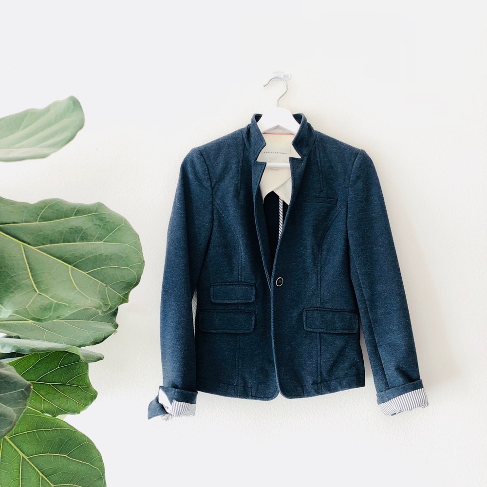 BR blue jean-colored blazer w/striped cuff lining
